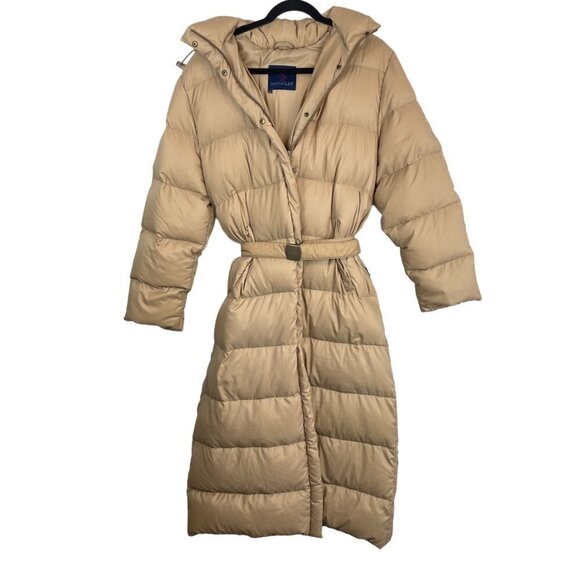 Moncler Belted Long Down Puffer Coat Jacket with Hood Brown Size 2 - Picture 1 of 15